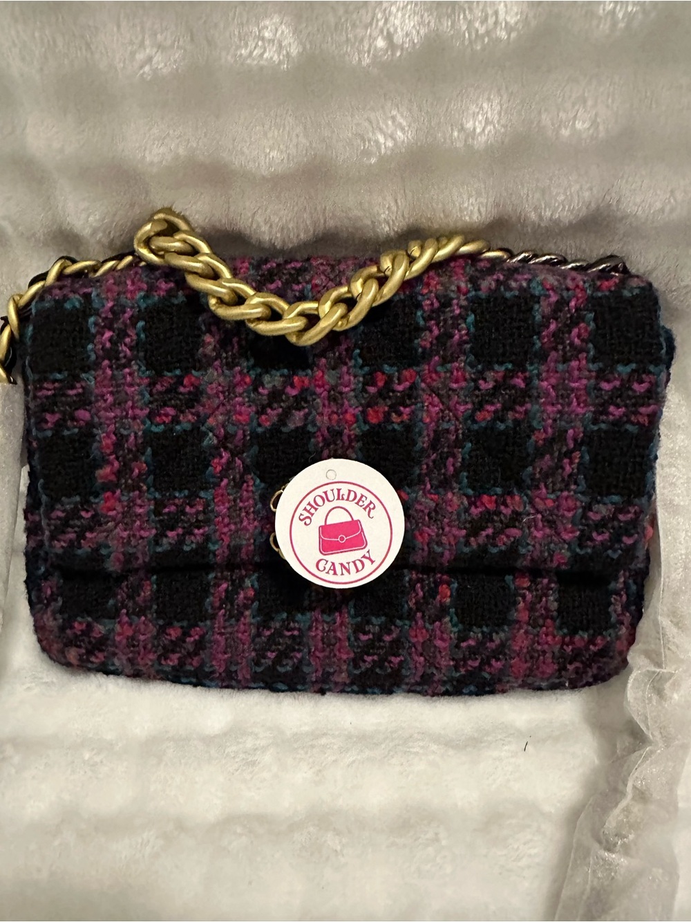 Pink & Black Tweed Chain Shoulder Bag